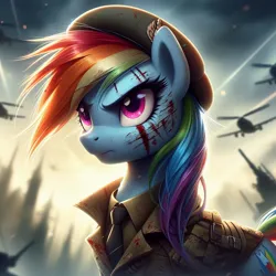 Size: 1024x1024 | Tagged: grimdark, ai content, derpibooru import, machine learning generated, prompter:doomguy397, rainbow dash, pony, blood, clothes, female, g4, generator:dall-e 3, image, jet, jpeg, mare, military, military pony, military uniform, plane, scar, tree, uniform, war