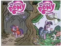 Size: 720x551 | Tagged: safe, artist:tonyfleecs, derpibooru import, idw, angel bunny, opalescence, twilight sparkle, bird, butterfly, cat, insect, pony, rabbit, unicorn, alice in wonderland, animal, cheshire cat, clothes, comic cover, cover, cover art, cupcake, dead tree, dress, female, filly, flower, foal, food, footprint, g4, glow, glowing eyes, glowing eyes of doom, hood, horn, image, jpeg, little red riding hood, mare, micro-series #1, mushroom, my little pony micro-series, my little pony: friendship is magic logo, official comic, open mouth, open smile, parody, raised hoof, smiling, tail, tree, unicorn twilight, variant cover