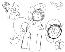 Size: 2000x1600 | Tagged: safe, artist:allhallowsboon, derpibooru import, junebug, earth pony, pony, butt, chest fluff, female, heart, image, mare, monochrome, png, question mark, simple background, sketch, sketch dump, smiling, solo, white background