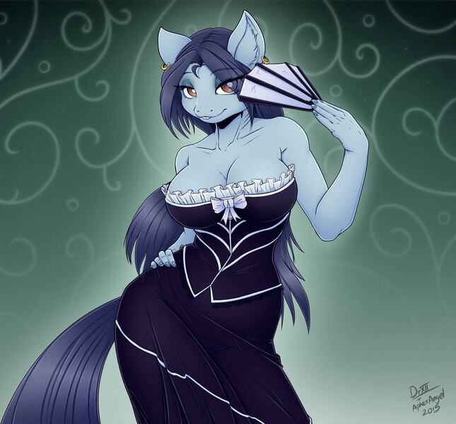 Size: 1420x1320 | Tagged: suggestive, artist:aphexangel, artist:drxii, derpibooru import, oc, oc:ipsywitch, unofficial characters only, anthro, earth pony, pony, bare shoulders, bedroom eyes, big breasts, breasts, bucktooth, busty oc, cleavage, clothes, collaboration, corset, dress, fan, female, gradient background, image, jpeg, looking at you, mare, paper fan, signature, smiling, smiling at you, solo, solo female, wide hips