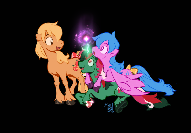 Size: 2048x1430 | Tagged: safe, artist:nightprince-art, derpibooru import, applejack (g1), firefly, fizzy, earth pony, pegasus, pony, unicorn, g1, black background, bow, female, glow, glowing horn, horn, image, looking at each other, looking at someone, looking up, lying down, mare, open mouth, open smile, piggyback ride, png, prone, simple background, smiling, sparkles, surprised face, tail, tail bow, trio, trio female, unshorn fetlocks, wings, wings down
