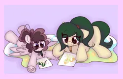 Size: 2800x1800 | Tagged: safe, artist:puppie, derpibooru import, oc, oc:myrtle remedy, oc:raevyn, earth pony, pegasus, pony, big hooves, blanket, crayon, cute, drawing, female, hoof heart, image, lying down, mare, png, underhoof, wholesome, wingding eyes