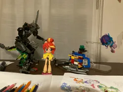 Size: 4032x3024 | Tagged: safe, derpibooru import, sci-twi, sunset shimmer, twilight sparkle, dinosaur, human, equestria girls, bionicle, clothes, doll, drawing, edalpo, equestria girls minis, g4, image, jpeg, kikanolo, lego, one-piece swimsuit, sandals, sarong, snorkel, snorks, swimsuit, toy, two-piece swimsuit