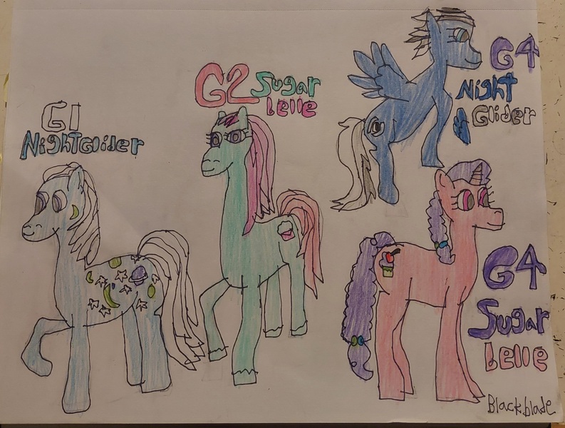 Size: 3442x2604 | Tagged: safe, artist:blackblade360, derpibooru import, night glider, night glider (g1), sugar belle, sugar belle (g2), earth pony, pegasus, pony, unicorn, g1, g2, blue coat, colored pencil drawing, curly mane, curly tail, cyan coat, evolution, flying, g4, generation leap, horn, image, irl, jpeg, looking at you, paper, photo, pink coat, raised hoof, signature, smiling, spread wings, tail, traditional art, two toned mane, two toned tail, white mane, white tail, wings