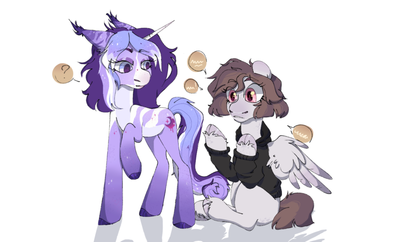 Size: 1328x816 | Tagged: safe, artist:otstante_ya_sply, derpibooru import, oc, oc:estel moonborn, unofficial characters only, pegasus, pony, unicorn, brown mane, brown tail, clothes, duo, duo female, female, gray coat, hooves, horn, image, long legs, mare, png, purple coat, purple mane, raised hoof, shirt, simple background, sitting, tail, transparent background, white coat