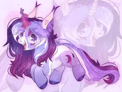 Size: 1764x1336 | Tagged: safe, artist:ralphstormyy, derpibooru import, oc, oc:estel moonborn, unofficial characters only, pony, unicorn, abstract background, cutie mark, female, horn, image, mare, open mouth, open smile, png, purple coat, purple mane, purple tail, smiling, solo, tail, unicorn oc