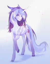 Size: 1685x2160 | Tagged: safe, artist:hiolies, derpibooru import, oc, oc:estel moonborn, unofficial characters only, pony, unicorn, coat markings, full body, gradient background, horn, image, jpeg, purple coat, purple mane, raised hoof, solo, unicorn oc