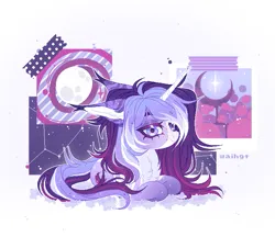Size: 717x649 | Tagged: safe, artist:waihgt, derpibooru import, oc, oc:estel moonborn, unofficial characters only, pony, unicorn, abstract background, digital art, horn, image, lidded eyes, pixel art, png, purple coat, simple background, solo, unicorn oc, white background, white backgrounnd