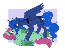 Size: 1163x898 | Tagged: safe, artist:lulubell, derpibooru import, princess luna, oc, oc:aria starsong, alicorn, alicorn oc, canon x oc, horn, image, looming over, nose to nose, pinned down, png, wings