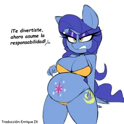Size: 2000x2000 | Tagged: suggestive, artist:nelljoestar, edit, editor:enrique zx, ponerpics import, ponybooru import, night light, twilight sparkle, anthro, pony, unicorn, angry, bikini, bikini bottom, bikini top, blush lines, blushing, breasts, bright crescent, bright sparkle, busty bright crescent, clothes, dialogue, english, father and child, father and daughter, female, half r63 shipping, high res, image, implied futa, implied futa twilight sparkle, implied inbreeding, implied incest, implied lesbian, implied sex, implied twilight sparkle, implied twinight, incest, infidelity, lesbian, male, mare, milf, missing horn, mother and child, mother and daughter, parent and child, paternity mark, png, ponybooru exclusive, pregnant, rule 63, shipping, side-tie bikini, simple background, solo, spanish, spanish description, spanish text, straight, stupid sexy bright crescent, swimsuit, this ended in pregnancy, translation, translator:enrique zx, twicest, twinight, white background, yellow bikini, yellow swimsuit