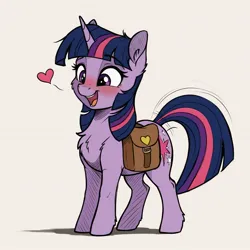 Size: 1536x1536 | Tagged: safe, ai content, derpibooru import, generator:autismmixconfetti, machine learning generated, twilight sparkle, pony, unicorn, bag, blushing, chest fluff, female, floating heart, g4, heart, horn, image, jpeg, looking sideways, mare, motion lines, open mouth, open smile, prompter:siber, saddle bag, simple background, smiling, solo, tail, tail wag, unicorn twilight, white background