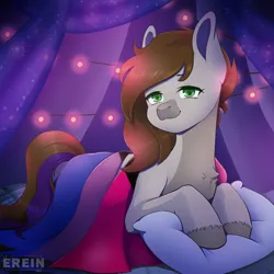 Size: 2000x2000 | Tagged: safe, alternate version, artist:erein, derpibooru import, oc, oc:cj vampire, unofficial characters only, earth pony, pony, alternate character, bedroom, brown mane, chest fluff, commission, demibisexual, demisexual pride flag, ears up, earth pony oc, flag, garland, green eyes, high res, image, indoors, jpeg, lgbt, looking at you, night, pillow, pride, pride flag, pride month, room, smiling, smiling at you, solo, string lights, tail, ych result