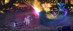 Size: 3960x1724 | Tagged: safe, artist:darksly, derpibooru import, daybreaker, nightmare moon, princess twilight 2.0, twilight sparkle, twilight sparkle (alicorn), alicorn, pony, g5, the last problem, female, image, jpeg, mare, older, older twilight, older twilight sparkle (alicorn), opaline arcana, wip