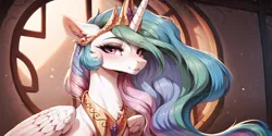 Size: 2400x1200 | Tagged: safe, ai content, derpibooru import, machine learning generated, prompter:greesys, princess celestia, unicorn, bust, craft, horn, image, png, portrait, sculpture, solo