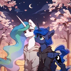 Size: 2048x2048 | Tagged: safe, ai content, derpibooru import, machine learning generated, prompter:liladash, stable diffusion, princess celestia, princess luna, alicorn, pony, cherry blossoms, clothes, duo, ear fluff, flower, flower blossom, folded wings, g4, generator:pony diffusion v6 xl, hoodie, horn, image, moon, night, png, wing fluff, wings