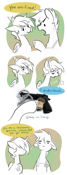 Size: 1568x4096 | Tagged: safe, artist:opalacorn, derpibooru import, oc, unofficial characters only, earth pony, pegasus, pony, apron, clothes, comic, concerned, cuffs, dialogue, duo, floppy ears, gun, handgun, hoof hold, image, jpeg, pistol, police badge, simple background, speech bubble, starbucks, sweat, sweatdrop, weapon, white background