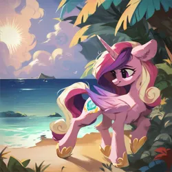 Size: 2048x2048 | Tagged: safe, ai content, derpibooru import, machine learning generated, prompter:liladash, stable diffusion, princess cadance, alicorn, pony, beach, cloud, day, ear fluff, folded wings, g4, generator:pony diffusion v6 xl, horn, image, looking away, png, solo, standing, water, wings