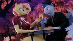 Size: 3840x2160 | Tagged: safe, artist:loveslove, ponerpics import, sunset shimmer, oc, unofficial characters only, anthro, 3d, breasts, clothes, female, image, jpeg, looking at each other