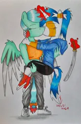 Size: 1800x2743 | Tagged: safe, artist:thecrimsonspark, derpibooru import, oc, oc:murky silentium, oc:watercolor (the coco clan), unofficial characters only, anthro, pegasus, unicorn, blade, carrying, clothes, couple, duo, duo female, female, holding, horn, image, jpeg, katana, kissing, lesbian, magic, simple background, spread wings, sword, telekinesis, traditional art, weapon, white background, wings