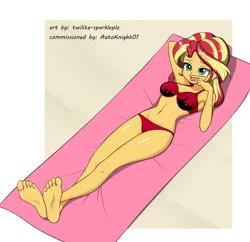 Size: 2600x2520 | Tagged: suggestive, artist:twilite-sparkleplz, derpibooru import, sunset shimmer, equestria girls, beach, beach towel, feet, g4, image, lying down, on back, png, red bikini, solo, towel