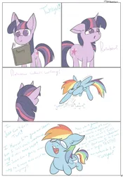 Size: 2852x4068 | Tagged: safe, artist:tkshoelace, derpibooru import, rainbow dash, twilight sparkle, pegasus, pony, unicorn, book, comic, crying, duo, duo female, female, floppy ears, g4, horn, image, png, simple background, spread wings, stomping, text, unicorn twilight, white background, wings