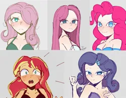 Size: 1849x1441 | Tagged: safe, artist:trash-art06, derpibooru import, fluttershy, pinkie pie, rarity, sunset shimmer, human, alternate hairstyle, bedroom eyes, black underwear, blue underwear, blushing, bra, breasts, clothes, female, gray background, green underwear, hair over one eye, humanized, image, jpeg, open mouth, pinkamena diane pie, purple underwear, simple background, underwear, white underwear