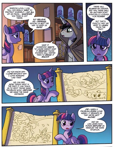 Size: 3872x5012 | Tagged: safe, artist:tonyfleecs, derpibooru import, idw, shadow lock, twilight sparkle, alicorn, pony, unicorn, spoiler:comic, spoiler:comic53, g4, history, horn, image, jpeg, museum, official comic, scroll, storage