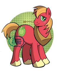 Size: 600x776 | Tagged: safe, artist:thom zahler, derpibooru import, big macintosh, earth pony, pony, 2013, big macintosh's yoke, commission, freckles, g4, horse collar, image, jpeg, lidded eyes, male, smiling, solo, stallion, straw in mouth, tail, unshorn fetlocks, watermark