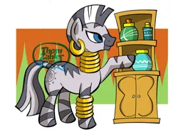 Size: 600x463 | Tagged: safe, artist:thom zahler, derpibooru import, zecora, zebra, 2013, cabinet, ear piercing, earring, female, g4, image, jar, jewelry, jpeg, leg rings, neck rings, piercing, raised hoof, solo, tail, watermark