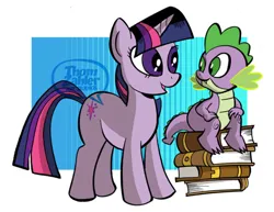 Size: 600x463 | Tagged: safe, artist:thom zahler, derpibooru import, spike, twilight sparkle, dragon, pony, unicorn, 2013, book, duo, duo male and female, female, g4, horn, image, jpeg, looking at each other, looking at someone, male, mare, open mouth, open smile, sitting, smiling, tail, unicorn twilight, watermark