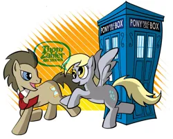 Size: 600x483 | Tagged: safe, artist:thom zahler, derpibooru import, derpy hooves, doctor whooves, time turner, earth pony, pegasus, pony, 2013, commission, doctor who, duo, duo male and female, female, g4, image, jpeg, male, necktie, open mouth, open smile, raised hoof, raised hooves, raised leg, smiling, spread wings, tail, tardis, watermark, wings