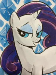 Size: 769x1024 | Tagged: safe, artist:thom zahler, derpibooru import, rarity, pony, unicorn, c2e2, c2e2 2013, female, g4, horn, image, jpeg, lidded eyes, mare, open mouth, open smile, sketchcard, smiling, solo, traditional art