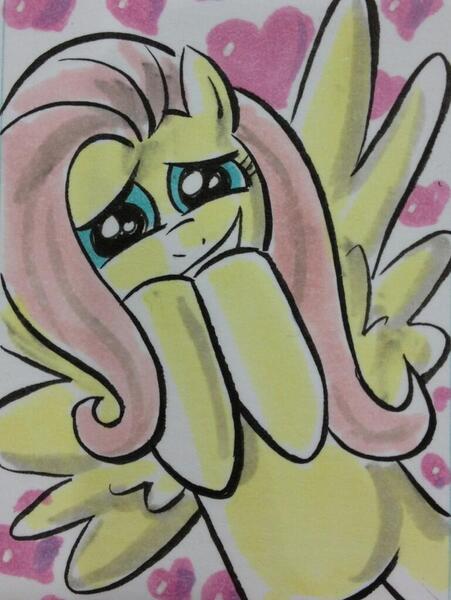 Size: 769x1024 | Tagged: safe, artist:thom zahler, derpibooru import, fluttershy, pegasus, pony, 2013, c2e2, c2e2 2013, covering mouth, female, g4, grin, heart, heart background, image, jpeg, looking at you, mare, sketchcard, smiling, solo, spread wings, traditional art, wings