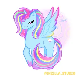 Size: 640x640 | Tagged: safe, artist:pinzillastudio, derpibooru import, oc, unofficial characters only, alicorn, pony, alicorn oc, colored wings, colored wingtips, female, fusion, fusion:dashlestia, fusion:princess celestia, fusion:rainbow dash, g4, gauntlet, horn, image, multicolored hair, png, raised hoof, simple background, smiling, smirk, solo, sparkling mane, spread wings, white background, wings