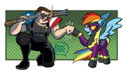 Size: 600x336 | Tagged: safe, artist:thom zahler, derpibooru import, rainbow dash, human, pegasus, pony, luna eclipsed, 2013, cigar, clothes, costume, crossover, domino mask, duo, duo male and female, emanata, female, fist bump, g4, gun, image, jpeg, male, mare, mask, nightmare night costume, on one knee, open mouth, open smile, pants, shadowbolt dash, shadowbolts costume, shirt, smiling, smoke, smoking, spread wings, tail, the comedian, watchmen, watermark, weapon, wings