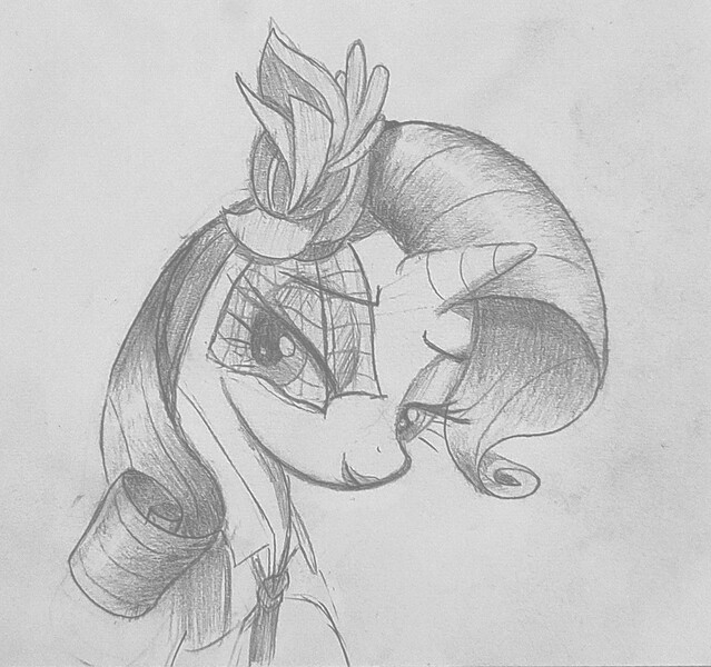 Size: 1522x1429 | Tagged: artist needed, safe, derpibooru import, rarity, pony, unicorn, flower, flower in hair, g4, grayscale, horn, image, jpeg, looking at you, monochrome, pencil drawing, traditional art, veil