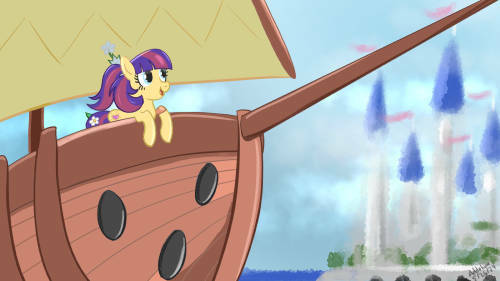 Size: 500x281 | Tagged: safe, ponerpics import, ponybooru import, earth pony, pony, bandaid, castle, female, flower, flower in hair, heart, image, jpeg, leaf, looking at you, maggie joy, mare, open mouth, open smile, sailship, side view, smiling, smiling at you, solo