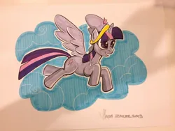 Size: 1024x768 | Tagged: safe, artist:thom zahler, derpibooru import, twilight sparkle, twilight sparkle (alicorn), alicorn, pony, 2013, female, g4, heroescon, heroescon 2013, horn, image, jpeg, mare, open mouth, open smile, signature, smiling, spread wings, tail, traditional art, wings