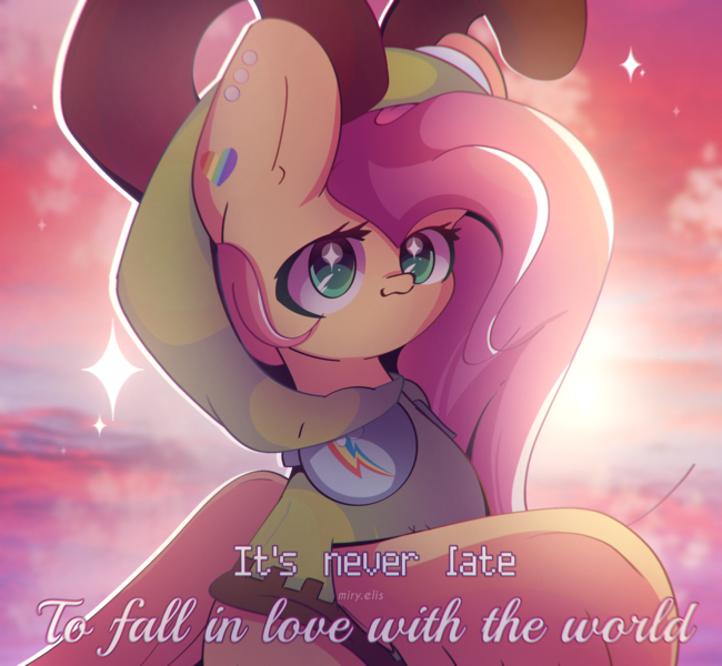 Size: 2600x2400 | Tagged: safe, artist:miryelis, derpibooru import, fluttershy, pegasus, pony, :3, antonymph, big ears, clothes, cute, female, headphones, image, long hair, looking at you, mare, png, shyabetes, sky, solo, text, vylet pony