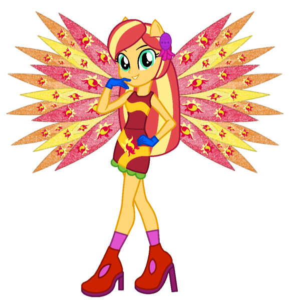 Size: 1000x1030 | Tagged: safe, artist:ketrin29, artist:user15432, derpibooru import, sunset shimmer, fairy, equestria girls, alternate hairstyle, base used, clothes, colored wings, crossover, cutie mark, cutie mark on clothes, dress, eastrix, fairy wings, fairyized, g4, gloves, hand on hip, high heels, image, looking at you, png, ponied up, red dress, red wings, shoes, simple background, smiling, sparkly wings, transparent background, wings, winx, winx club, winxified