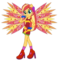 Size: 1000x1030 | Tagged: safe, artist:ketrin29, artist:user15432, derpibooru import, sunset shimmer, fairy, equestria girls, alternate hairstyle, base used, clothes, colored wings, crossover, cutie mark, cutie mark on clothes, dress, eastrix, fairy wings, fairyized, g4, gloves, hand on hip, high heels, image, looking at you, png, ponied up, red dress, red wings, shoes, simple background, smiling, sparkly wings, transparent background, wings, winx, winx club, winxified