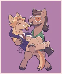 Size: 1615x1926 | Tagged: safe, artist:php191, derpibooru import, colter sobchak, jeff letrotski, earth pony, pony, carrying, clothes, cutie mark, duo, duo male, facial hair, g4, gay, glasses, holding a pony, hooves behind head, hooves to the chest, image, looking at each other, looking at someone, male, png, purple background, signature, simple background, smiling, smiling at each other, stallion, standing, standing on two hooves, suit