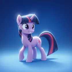 Size: 1920x1920 | Tagged: safe, ai content, derpibooru import, generator:bluefox mix, machine learning generated, prompter:adorablebluefox, stable diffusion, twilight sparkle, pony, unicorn, blue background, cute, female, full body, g4, gradient background, hoof fluff, horn, image, mare, png, raised hoof, side view, simple background, smiling, solo, standing, teeth, twiabetes