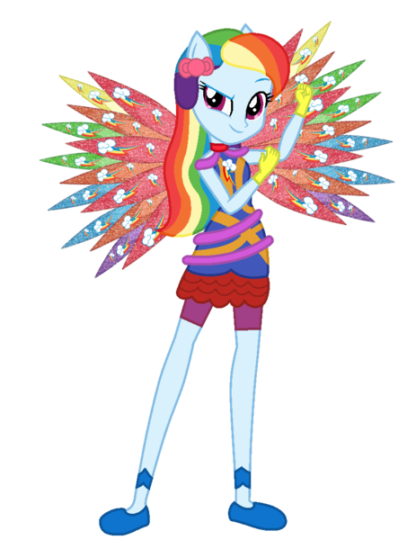 Size: 839x1088 | Tagged: safe, artist:ketrin29, artist:user15432, derpibooru import, rainbow dash, fairy, equestria girls, alternate hairstyle, base used, blue dress, bow, clothes, colored wings, crossover, cutie mark, cutie mark on clothes, dress, eastrix, fairy wings, fairyized, g4, gloves, hair bow, image, looking at you, multicolored wings, png, ponied up, rainbow wings, shoes, simple background, smiling, sparkly wings, transparent background, wings, winx, winx club, winxified