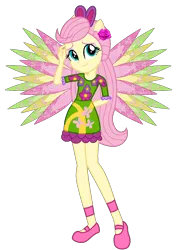 Size: 830x1144 | Tagged: safe, artist:ketrin29, artist:user15432, derpibooru import, fluttershy, fairy, equestria girls, alternate hairstyle, base used, bunny ears, clothes, colored wings, crossover, cutie mark, cutie mark on clothes, dress, eastrix, fairy wings, fairyized, flower, flower in hair, g4, green dress, hand on head, image, looking at you, png, ponied up, rose, shoes, simple background, smiling, sparkly wings, transparent background, wings, winx, winx club, winxified, yellow wings