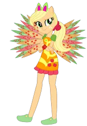 Size: 819x1188 | Tagged: safe, artist:flormoonlight, artist:user15432, derpibooru import, applejack, fairy, equestria girls, alternate hairstyle, base used, bunny ears, clothes, colored wings, crossed arms, crossover, cutie mark, cutie mark on clothes, dress, eastrix, fairy wings, fairyized, g4, image, looking at you, orange dress, orange wings, png, ponied up, ponytail, shoes, simple background, smiling, sparkly wings, transparent background, wings, winx, winx club, winxified