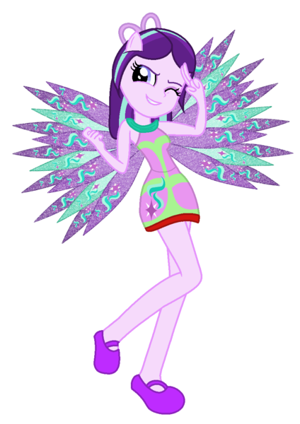 Size: 885x1251 | Tagged: safe, artist:niightlydark, artist:user15432, derpibooru import, starlight glimmer, fairy, equestria girls, alternate hairstyle, base used, clothes, colored wings, crossover, cutie mark, cutie mark on clothes, dress, eastrix, fairy wings, fairyized, g4, image, looking at you, one eye closed, peace sign, png, ponied up, purple dress, purple wings, shoes, simple background, smiling, sparkly wings, transparent background, wings, wink, winking at you, winx, winx club, winxified