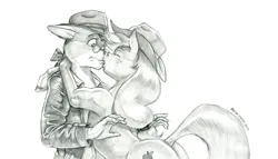 Size: 1500x856 | Tagged: safe, artist:baron engel, derpibooru import, applejack, oc, oc:king trafalgar maximilian augustus leopold iii, anthro, earth pony, mouse, pony, anthro with ponies, butt, canon x oc, duo, female, g4, image, jpeg, kissing, male, mare, monochrome, pencil drawing, plot, simple background, story included, straight, surprise kiss, traditional art, white background