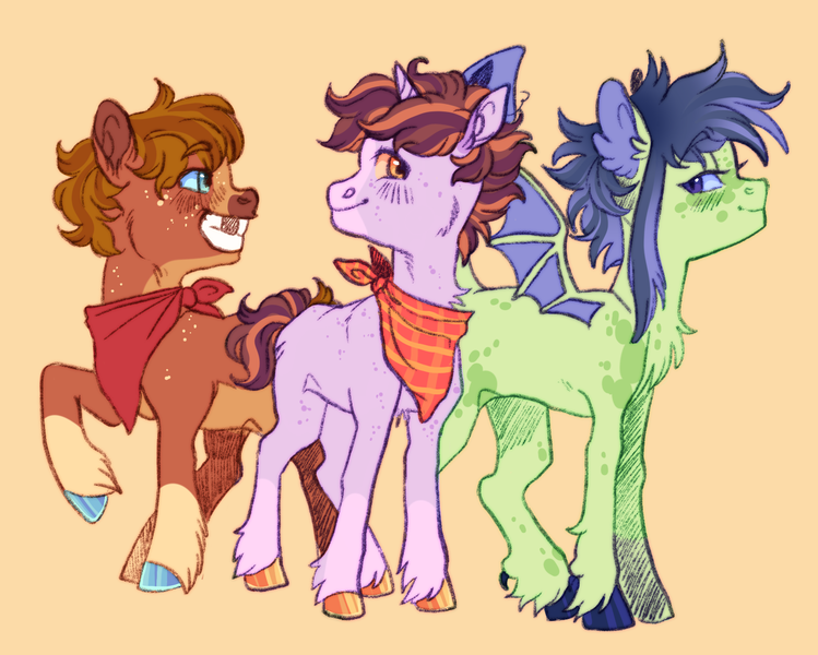 Size: 1458x1168 | Tagged: safe, artist:cactiflowers, derpibooru import, oc, oc:red delicious, oc:strike, oc:zapple, dracony, dragon, earth pony, hybrid, pony, unicorn, colt, female, filly, foal, horn, image, magical gay spawn, magical lesbian spawn, male, offscreen character, offspring, orange background, parent:apple bloom, parent:big macintosh, parent:rumble, parent:rumblespike, parent:scootaloo, parent:sheriff silverstar, parent:spike, parents:scootabloom, png, simple background