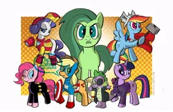 Size: 1000x647 | Tagged: safe, artist:thom zahler, derpibooru import, applejack, fluttershy, pinkie pie, rainbow dash, rarity, spike, twilight sparkle, dragon, earth pony, pegasus, pony, unicorn, 2013, angry, applejack's hat, armor, arrow, avengers, black widow (marvel), captain america, clothes, cosplay, costume, cowboy hat, eyepatch, female, g4, group, hammer, hat, hawkeye, helmet, horn, image, iron man, jpeg, lidded eyes, male, mane seven, mane six, mare, marvel, mjölnir, nick fury, one eye closed, open mouth, open smile, quiver, raised hoof, shield, signature, smiling, tail, the avengers, the incredible hulk, thor, war hammer, watermark, weapon, wink